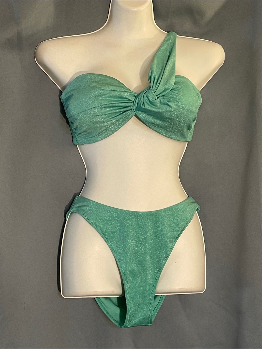 Shade & Shore Mint Green One-Shoulder Knotted Bandeau Bikini